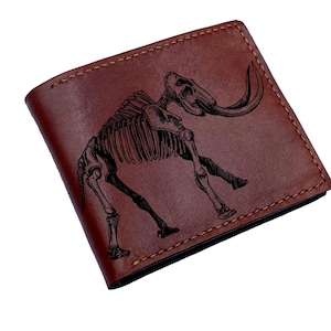 Cartera de cuero hecha a mano con esqueleto de mamut, cartera con calavera de elefante como regalo para hombre, cartera de cuero triple navideña para él, idea de regalo jurásico