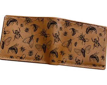 Insects seamless pattern Genuine Leather RFID Blocking wallet, unique wallet,Personalized gift,handmade wallet,customized boyfriend gifts