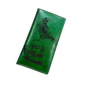 Carteira masculina de couro genuíno Raven Death Bird, carteira feita à mão personalizada com runas nórdicas, animais celtas, animal pássaro antigo, carteira nova de Natal