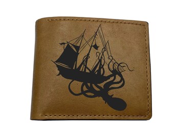 Kraken Ship Leather Wallet: Personalized Cowhide Men's Wallet