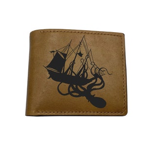 Cartera de cuero premium con diseño de barco Kraken, cartera personalizada de piel de vaca auténtica, regalo con temática de Kraken Shadow, cartera premium navideña para hombre