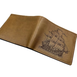 Cartera de cuero premium con forma de velero, cartera de cuero hecha a mano como regalo para él, cartera de cuero con motivo de un buen viaje navideño, cartera de cuero de tres pliegues