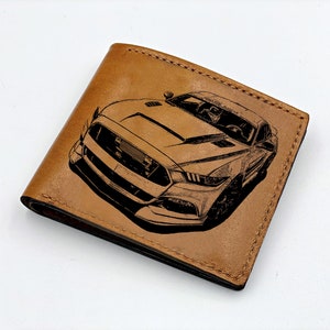 Cartera de cuero para hombre Ford Mustang hecha a mano / Cartera de cuero premium para mecánico / Cartera nueva con temática de automóvil para regalo navideño / Cartera de cuero triple
