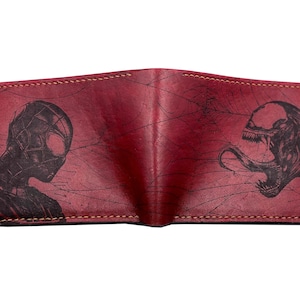 Carteira de couro feita à mão com teia de aranha do Homem-Aranha Venom, presente de supervilão para ele, presente de Natal para namorado, carteira de couro tripla