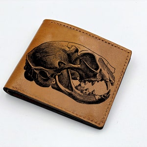 Cartera de cuero premium hecha a mano con forma de calavera de gato, cartera de cuero genuino para hombre con fósil de tigre, cartera de cuero de Navidad de tres pliegues, clip para billetes con forma de esqueleto