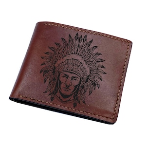 Cartera de cuero de primera calidad con retrato de jefe nativo americano/Cartera de cuero genuino para hombre personalizada con diseño de nativo americano/Nueva cartera navideña hecha a mano