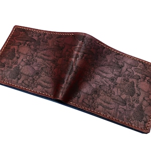 Cartera de regalo premium con patrón sin costuras de hongos, billetera de cuero de vaca genuino, jungla de hongos, billetera con diseño de hongos único navideño