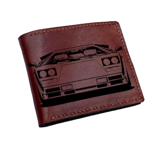 Cartera de cuero hecha a mano Lamborghini Countach Supercar/Cartera de cuero premium para hombre de mecánico/Idea de regalo de billetera navideña/Cartera para hombre con el auto de sus sueños