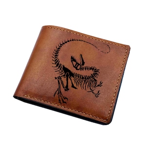 Cartera de cuero de primera calidad con esqueleto de dinosaurio Velociraptor, cartera de cuero genuino con calavera de dinosaurio, nueva idea de regalo de billetera hecha a mano de Fossil Christmas