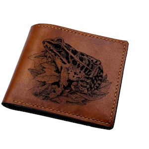 Cartera de piel auténtica con diseño de rana pintada a mano, billetera única hecha a mano con animales nocturnos, regalo personalizado, cuento de rana, nueva billetera navideña para él