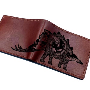 Cartera de cuero genuino con tatuaje de dinosaurio estegosaurio, fósil del período Triásico, idea de regalo única de la Edad de Hielo, cartera personalizada de Navidad