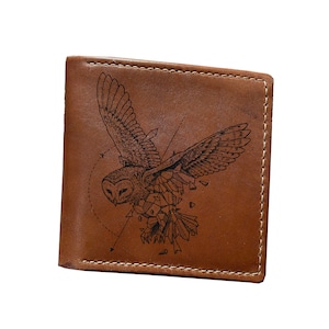 Geometric Owl Premium Genuine Leather men wallet, Nocturnal Animals, wild animal leather hunting gift, Christmas new personalized owl wallet