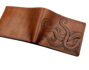Handmade Leather Octopus Wallet: Custom Engraved Trifold Bifold