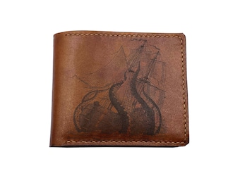 Kraken Shipwreck Leather Wallet, Personalized Handmade Wallet