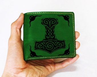 Mjolnir Symbol Leather Wallet: Norse Runes, Handmade Cowhide