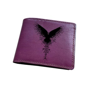 Cartera de cuero premium de cuervo, billetera personalizada hecha a mano con el mito de las runas nórdicas, dibujo de cuervo, pájaro Odín, billetera de regalo de Navidad, animal antiguo