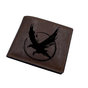 Cartera de cuero genuino para hombre con diseño de cuervo, cartera hecha a mano con runas nórdicas, animales celtas, arte inspirado en Juego de tronos, cartera de cuero para regalo de Navidad