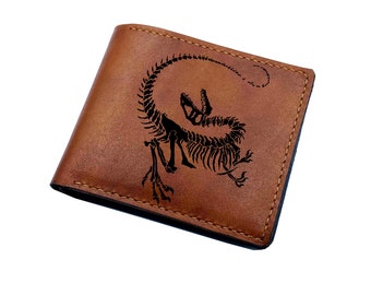 Velociraptor Dinosaur Skeleton, Dinosaur Skull, premium Leather handmade wallet, Fossil, Christmas Gift, Bifold wallet, Trifold wallet