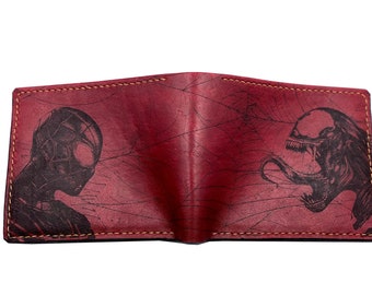 Spiderman Venom with spider web Leather handmade wallet, Super Villain gift for him, Christmas Gift for boyfriend, trifold leather wallet