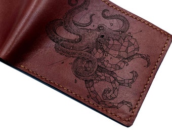 Geometric Octopus Leather Wallet: Handmade Cowhide Ocean Gift
