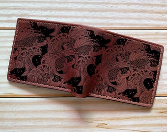 Koi Fish Leather Wallet: Japanese Art Handmade Bi-Fold