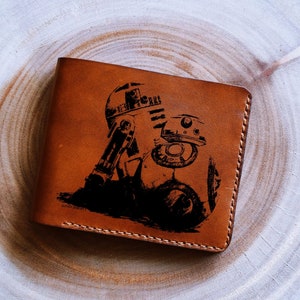 Cartera de cuero genuino con el robot BB8 de Star Wars, regalo de cartera hecha a mano con temática de Star Wars para él, regalo de cartera de Star Wars único para Navidad