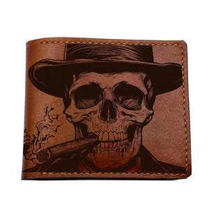Cartera de cuero premium para hombre con retrato de esqueleto de caballero fumando, cartera hecha a mano con arte de calavera, idea de regalo de cartera de cuero triple para el Día del Padre