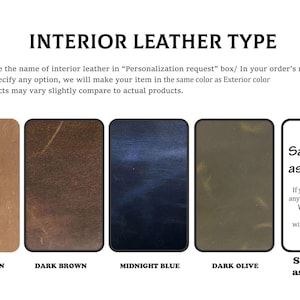 May include: Image showcasing interior leather options: light brown, dark brown, midnight blue, dark olive, and a white option labeled "Same color as Exterior." Text explains color variations and personalization.