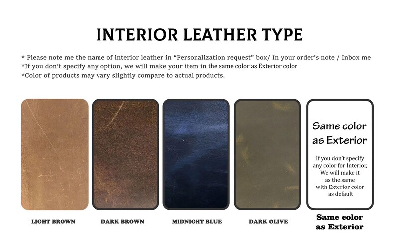 May include: Image showcasing interior leather options: light brown, dark brown, midnight blue, dark olive, and a white option labeled "Same color as Exterior." Text explains color variations and personalization.