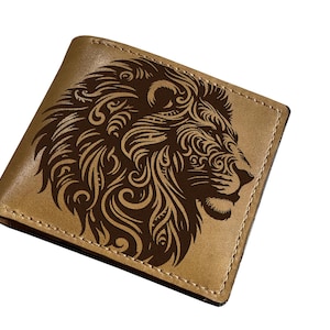 Cartera de cuero de primera calidad con diseño de cabeza de león floral, cartera única del horóscopo Leo, regalo personalizado con temática de vida salvaje, cartera navideña hecha a mano