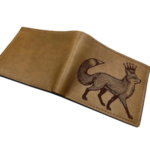 King Fox Genuine Leather wallet, premium leather fox wallet, Handmade hunting unique idea, Christmas custom unisex wallet, Wild furry animal
