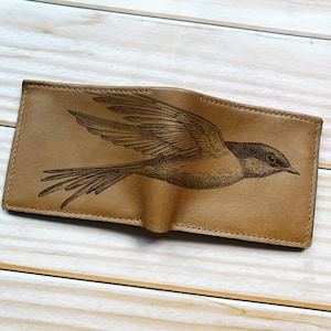 Cartera de cuero premium para hombre con diseño único de pájaro, cartera de cuero genuino hecha a mano personalizada para hombre, boceto de pájaro volador, regalo de billetera para hombre de Navidad