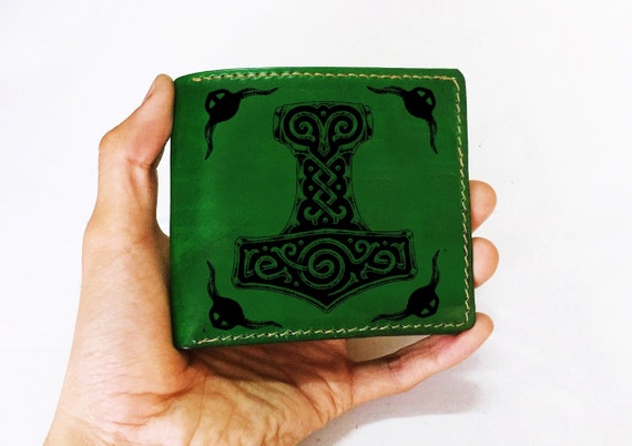 Mjolnir Symbol Leather Wallet: Norse Runes, Handmade Cowhide