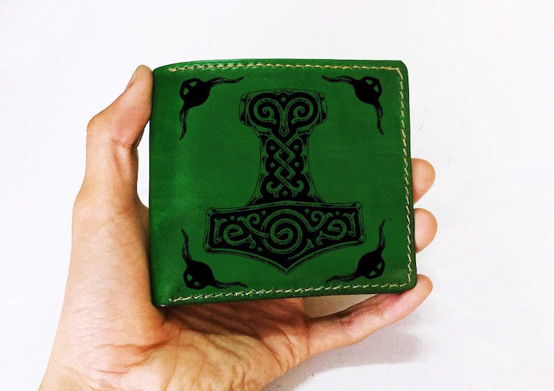 Mjölnir Symbol premium leather wallet, Norse Runes Symbols Leather handmade wallet, Gungnir Horns of Odin Triskele, Christmas new wallet