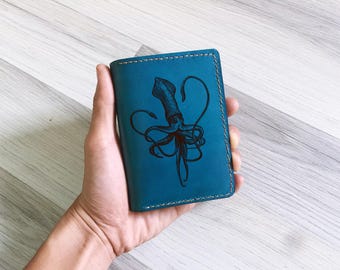 Squid Monster Leather Wallet, Viking Design, Handmade Cowhide Trifold Bi-fold
