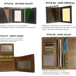 May include: Four different styles of leather wallets, each with a different design and size. The wallets are made of brown leather and have multiple card slots and cash compartments. The wallets are labeled with their style names and dimensions in inches.