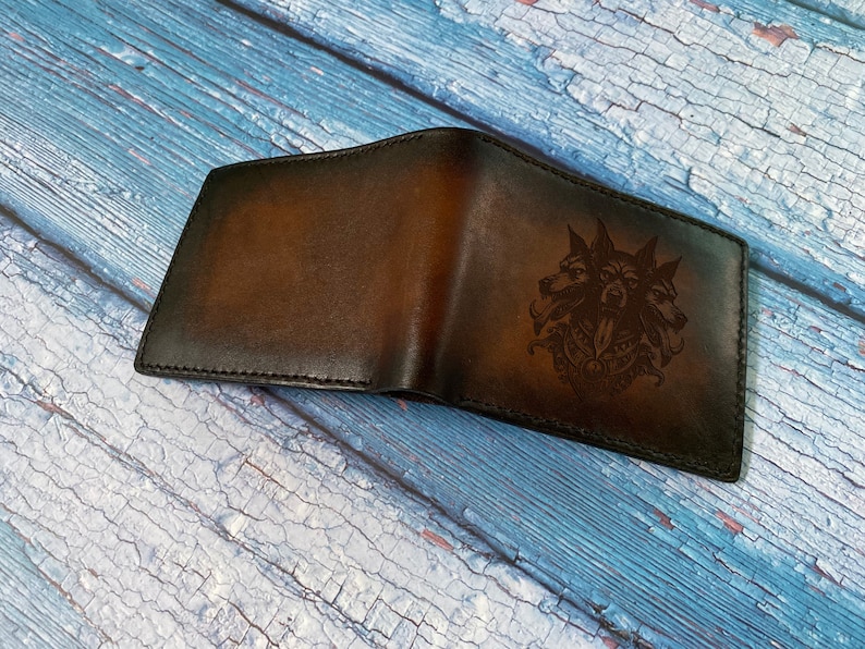 Three headed Wolf tattoo Genuine Leather wallet, premium leather men wallet, Handmade myth Cerberus gift, Christmas Day custom men wallet