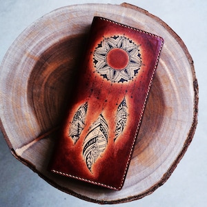 Floral Sun Dreamcatcher Leather handmade personalized women wallet/Mandala Pattern Zen gift/Clutch Purse for her/Anniversary Gift for her/