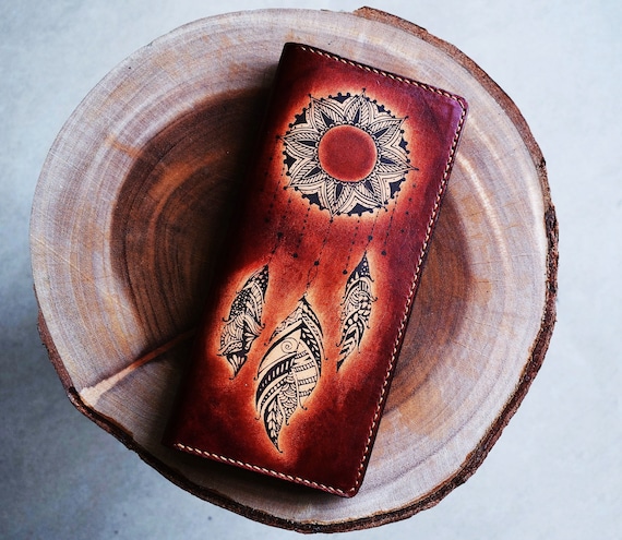Floral Sun Dreamcatcher Leather Wallet: Handmade Mandala Clutch Purse