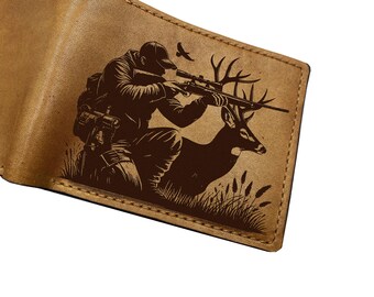 Handmade Leather Hunting Wallet, Deer and Man Landscape, Engraved Gift, Trifold, Bifold