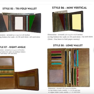 May include: A display of four different leather wallets: tri-fold, mini vertical, right angle, and long wallet styles. The wallets are open, showcasing card slots and cash compartments. Dimensions are provided in inches.