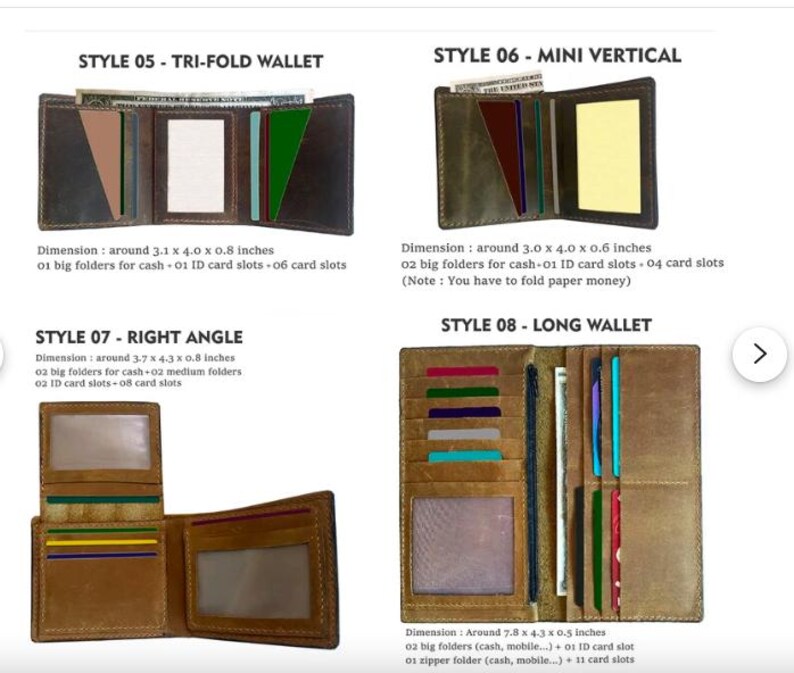 May include: A display of four different leather wallets: tri-fold, mini vertical, right angle, and long wallet styles. The wallets are open, showcasing card slots and cash compartments. Dimensions are provided in inches.