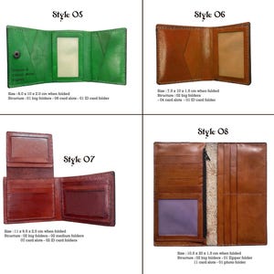 May include: A collection of leather wallets in various styles and colors. Style 05 is green, Style 06 is brown, Style 07 is reddish-brown, and Style 08 is brown. Each wallet has different features, including card slots, ID holders, and zipper pockets. Measurements are provided in centimeters.
