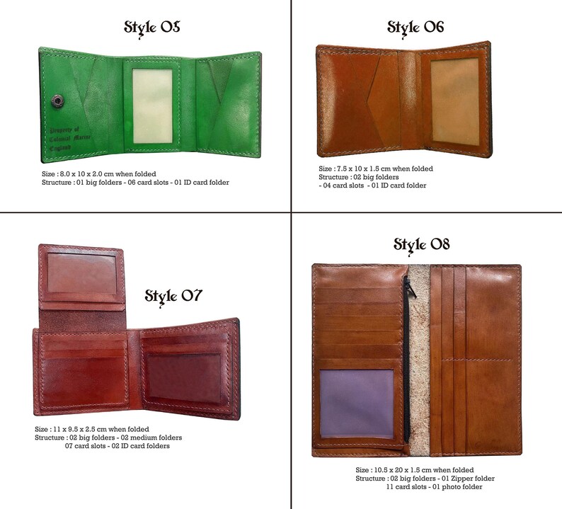 May include: A collection of leather wallets in various styles and colors. Style 05 is green, Style 06 is brown, Style 07 is reddish-brown, and Style 08 is brown. Each wallet has different features, including card slots, ID holders, and zipper pockets. Measurements are provided in centimeters.
