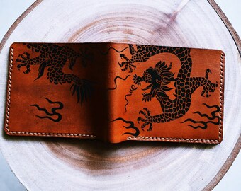 Chinese Dragon Leather Trifold Wallet: Handmade Asian Culture Gift