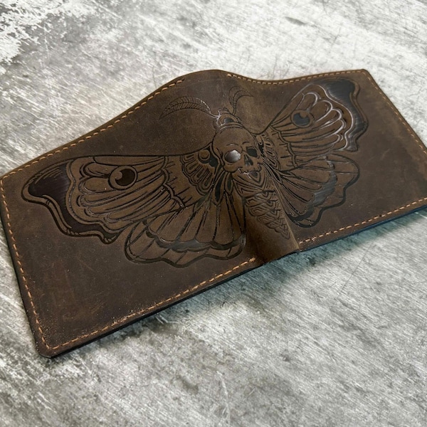 Handmade Leather Moth Wallet: Waxed Cowhide, Unisex Design