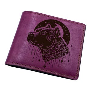 Cartera unisex de cuero genuino con diseño de perro persa nocturno, cartera única hecha a mano con dibujo de mascota, regalo personalizado, cartera con arte de perro para el Día del Padre.