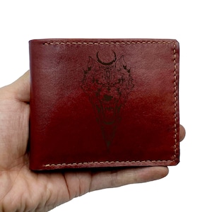 Cartera de cuero genuino con forma de cabeza de lobo, billetera de cuero de primera calidad con tres pliegues, billetera de animal personalizada hecha a mano, regalo de hombre lobo, billetera navideña para hombre