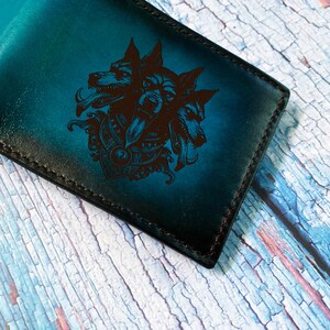 Three headed Wolf tattoo Genuine Leather wallet, premium leather men wallet, Handmade myth Cerberus gift, Christmas Day custom men wallet