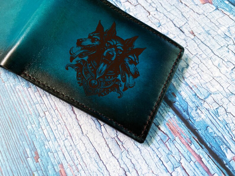 Three headed Wolf tattoo Genuine Leather wallet, premium leather men wallet, Handmade myth Cerberus gift, Christmas Day custom men wallet